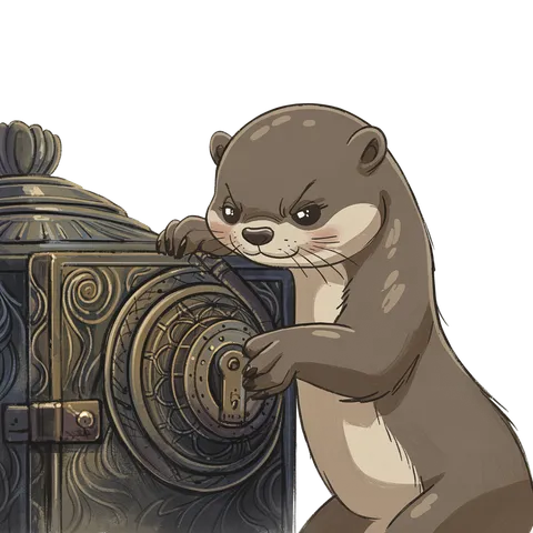 Determined cartoon otter spinning the dial on an ornate safe