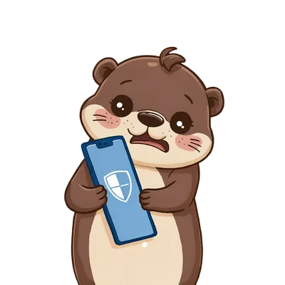 Worried cartoon otter clutching a smartphone showing a security shield on screen