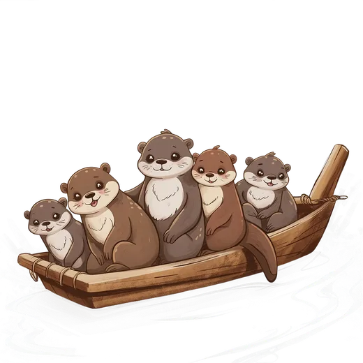 Five cartoon otters sitting together in a wooden rowboat — a raft of otters