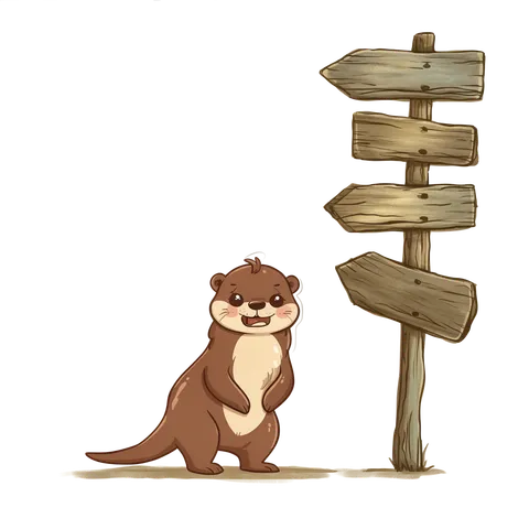 Cartoon otter standing at a wooden signpost with four arrows, choosing a direction