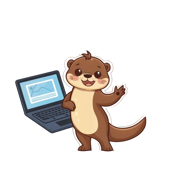 Cartoon otter mascot waving hello beside an open laptop